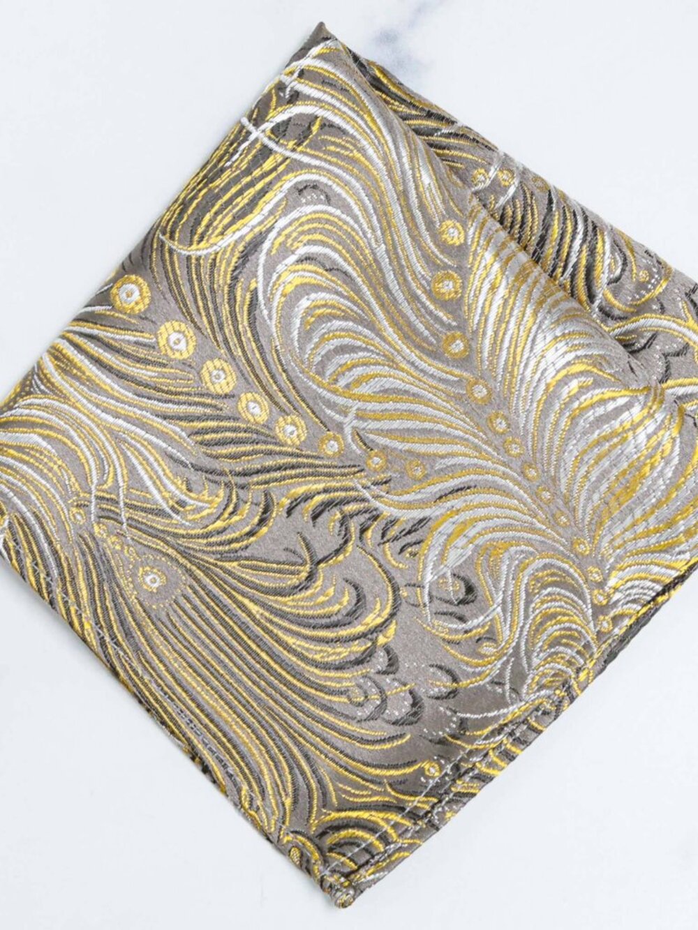 Peacock Feather Brocade Pocket Square | Gray & Gold
